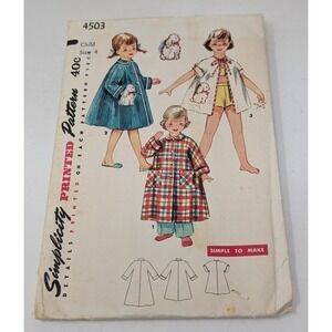 VTG 50s Simplicity Sew Pattern 4503 Toddler Girls Robe w/Bunny Transfer Size 4